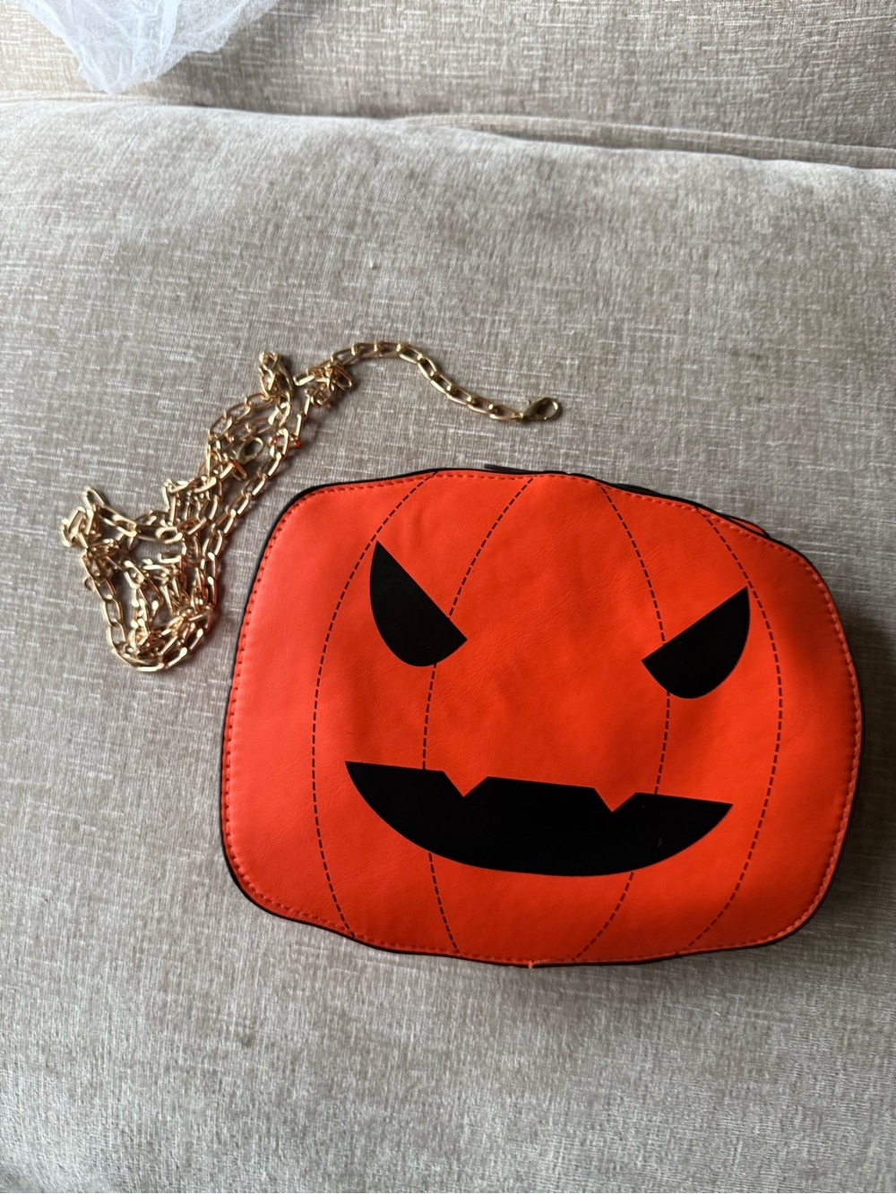Orange Pumpkin Face Crossbody Bag with Gold Chain